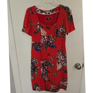 Maeve Anthropologie Floral Button Front Mini‎ Dress Short Sleeve Red Size S